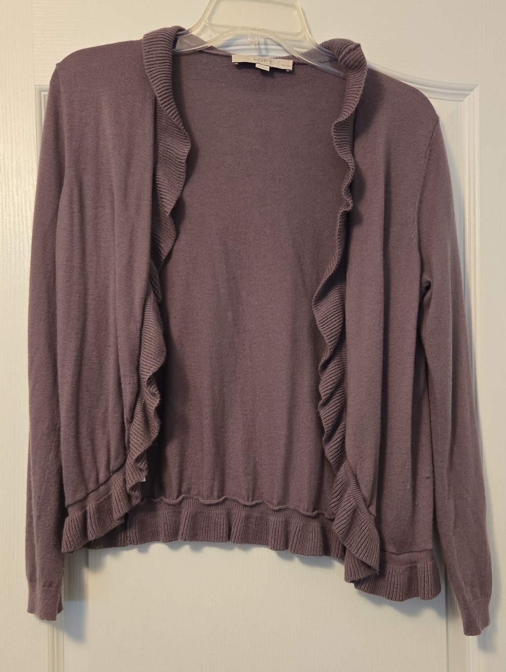 2/$20 LOFT Mauve Ruffle-Trim Open-Front Cardigan, Medium Petite